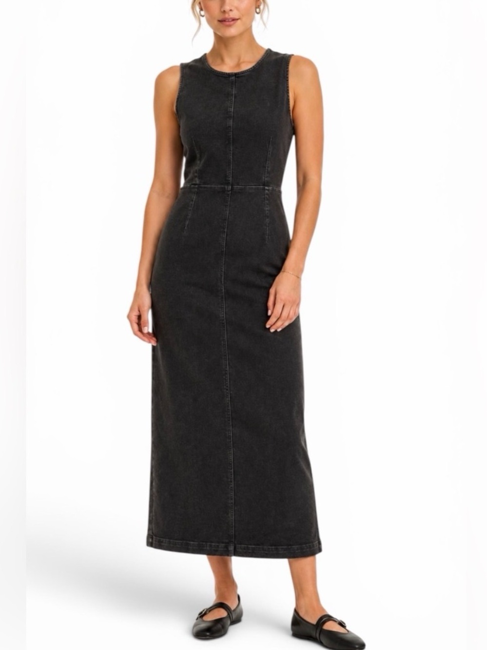 Gap Denim Dress Size 4 Black Wash Sleeveless Back Slit Stretch Maxi